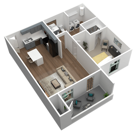 Floor plan for 1 bed, 1 bath, 764 sqft